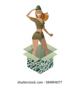 Gift box with funny army saluting woman. Surprise for 23 ot february. Present for day of defenders of fatherland. Military pattern on a box. Isometric flat style. Vector illustration art.