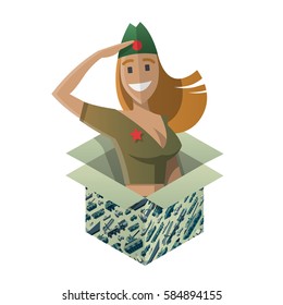 Gift box with funny army saluting woman. Surprise for 23 ot february. Present for day of defenders of fatherland. Military pattern on a box. Isometric flat style. Vector illustration art.