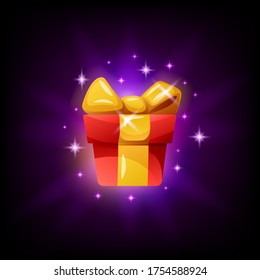 Gift box game interface icon on dark background. Reward or prize GUI element for mobile app, vector illustration in cartoon style