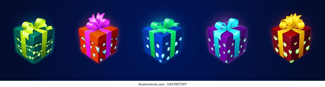 Juego de caja de regalo ui activos - ilustración vectorial de dibujos animados conjunto de regalos coloridos y brillantes de neón envueltos y decorados con cintas y arcos para el juego o el casino recompensa y concepto de bonificación.