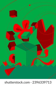 Gift box with geometrical graphic retro Christmas theme background. Minimal holiday geometric elements. Vintage abstract shapes vector illustration for advertising.