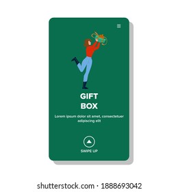 Caja De Regalo Con Vector De Chicas De Festividad. Presente Caja Con La Dama En El Día De La Madre O Día Internacional De La Mujer. Personaje Sorprendido Con Un Paquete Festivo Decorado Con Ilustración De Dibujo De Dibujo De Dibujo De La Web De Bow