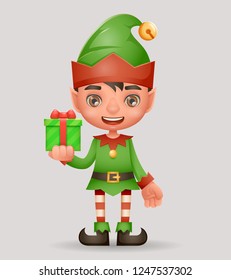 Gift box give away bestow christmas elf boy santa claus helper new year cartoon 3d character design vector illustration