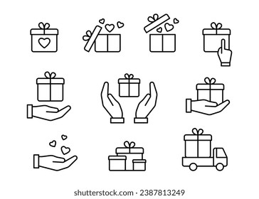 Gift box giving, packing box on hand, line icon set. Hand sends heart love, present box, package. Concept of charity, donation, help. Surprise on party, celebration Christmas, birthday. Vector outline