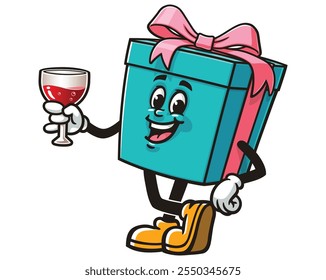 Gift Box with a glass of drink,  Cartoon Mascot Illustration Character Vector Clip-art Hand-drawn Logo Design