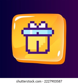 Gift box glossy ui button with pixelated color icon. Bonus for customer. Loyalty program. Editable 8bit graphic element on shiny glass rectangle shape. Isolated image for arcade, video game design