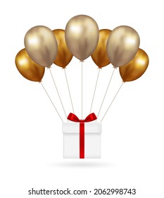 Caja de regalo con icono de 3d de los globos dorados aislado sobre fondo blanco. Regalo de vacaciones de vuelo.