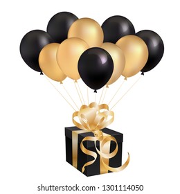 Gift box with gold and black balloons. Vector illustration.