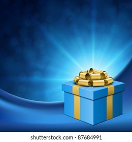 Gift box with gold bow and light. Vector background eps 10.