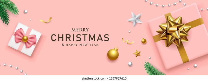 Gift box gold bow ribbon and pink ribbon merry christmas and happy new year banners design on pink background, Eps 10 vector illustration