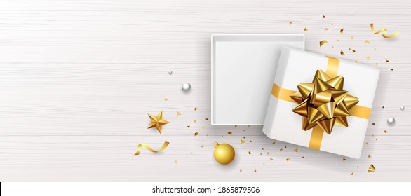 Gift box and gold bow ribbon banners design on white wood background, Eps 10 vector illustration