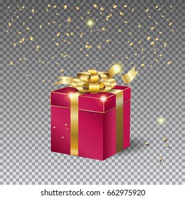 Gift Box With Gold Bow Ribbon And Golden Confetti Isolated, Transparent Effect. Present Magic Box. 3D Festive Design For Holiday Christmas Decoration New Year Celebration 2021 Birthday Vector Template