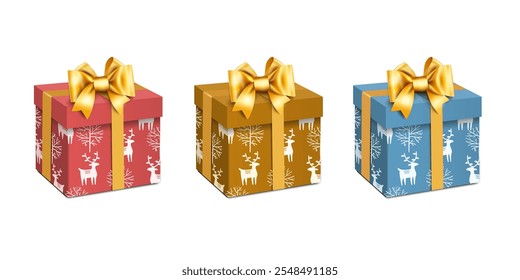 Gift box with gold bow, ribbons and Christmas pattern. 3d realistic vector set gift presents