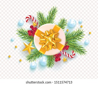 Gift box with a gold bow, tree branches,Rowan , snowballs, Golden stars and beads on a transparent background.Vector decoration for the design of postcards, banners, posters, brochures and more.