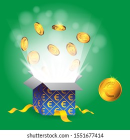 Gift box with gold coins and Euro sign on isolated green background. Vector image eps 10