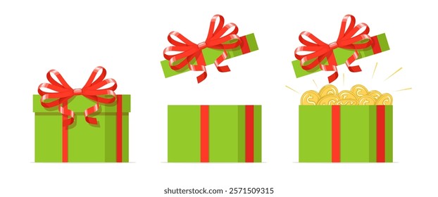 Gift box of gold coins. Open and close wrapped box, empty and full of money present, green container with red ribbon. Lottery win, secret prize. Packaging with cash. Isolated vector concept