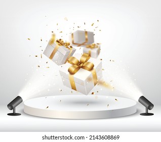 caja de regalo con confeti y globos dorados, aislados en fondo transparente