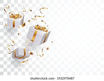 Gift Box With Gold Confetti , Isolated On Transparent Background