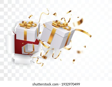 Gift box with gold confetti out from torn paper, isolated on transparent background