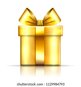 Gift box gold icon. Open surprise present template, ribbon bow, isolated white background. 3D design decoration for Christmas, New Year, birthday celebration, Valentine Day Vector illustration