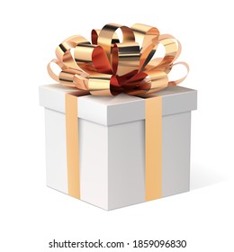 Gift box with gold ribbon bow. White closed Present. Perspective view.
Isolated on white. Vector EPS 10.