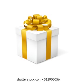 Gift box with gold ribbon isolated on white background. Vector illustration.