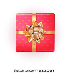 Gift Box with Golden Bow and Ribbon. Vector Illustration