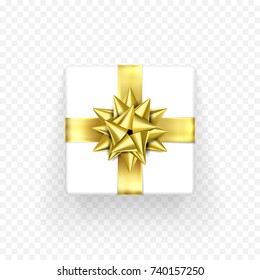 Gift box with golden bow ribbon template for Birthday, New Year or Christmas holiday giftbox or greeting card decoration design. Vector Bday gift wrapper on transparent background
