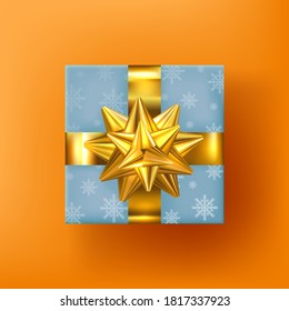 Gift box with golden bow and ribon. Realistic gift. Lots of presents. Merry Christmas. Xmas