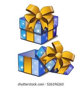 Gift box with a golden bowknot with wrapped paper blue color isolated on a white background. Vector illustration.