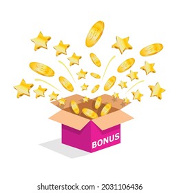 Gift box with golden coins and stars on white background. May be used for Loyalty program, e-commerce discount service concept, bonus, cash back. Vector illustration EPS 10