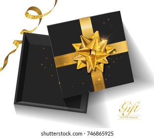 Gift box with golden glitter bow isolated on white. Vector illustration eps 10.