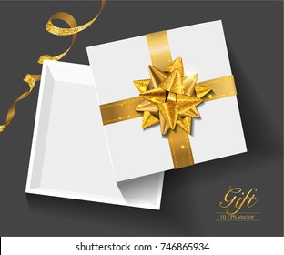 Gift box with golden glitter bow isolated on white. Vector illustration eps 10.