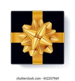 Gift box with golden ribbon bow top view vector illustration Beautiful realistic present box template for birthday christmas new year design.