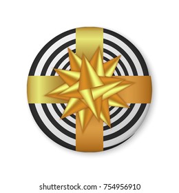 Gift box with golden ribbon bow for New Year, Christmas holiday or Birthday greeting card design.