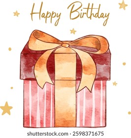 Gift Box with Golden Ribbon illustration. Watercolor vector perfect for Birthday party, Print for invitation card, Poster Template