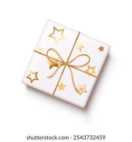Gift box with golden stars and ribbon realistic vector illustration. Festive atmosphere for New Year and Christmas 3d object on white