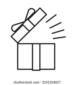 Gift box graphic icon. Vector illustrations of a rectangular gift box. 2D black and white drawing.