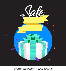 Gift box with green bow isolated on blue circle. Vector illustration eps 10.