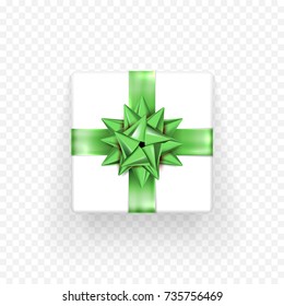 Gift box with green bow ribbon isolated icon for Birthday, New Year or Christmas holiday gift box decoration or greeting card design template. Vector Bday bow gift wrapper on transparent background