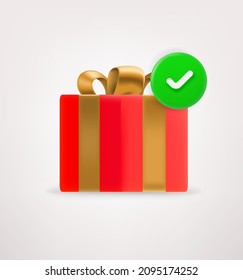 Gift box with green checkmark. 3d vector icon
