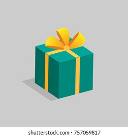 A gift box of green color with a yellow ribbon and a bow. Vector illustration.