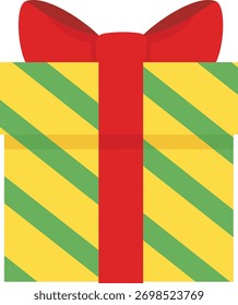 gift box with green diagonal stripes and big red ribbon bow, cheerful flat present illustration, centered and isolated on white