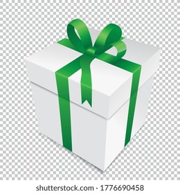 Gift box with green open ribbon isolated on transparent checked background. Vector illustration. Eps 10 vector file.