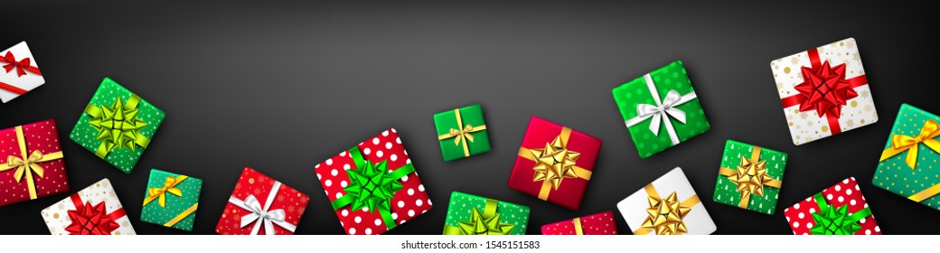 Gift box with green, red, white and golden ribbon and bow on black background, top view. Christmas, New Year party, Black Friday, Happy birthday package design. Present . Vector.