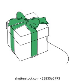 Gift box with green ribbon bow vector icon. Christmas line continuous drawing. Graphic illustration, print, banner, greeting card, poster, sign, symbol, ornament, holiday decor, birthday present.