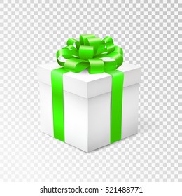 Gift box with green ribbon isolated on transparent background. Vector illustration.