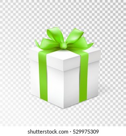 Gift box with green ribbon isolated on transparent background. Vector illustration.