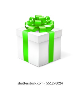 Gift box with green ribbon isolated on white background. Vector illustration.