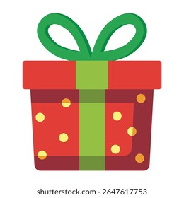 Gift box with green ribbon and red wrapping isolated on white background.